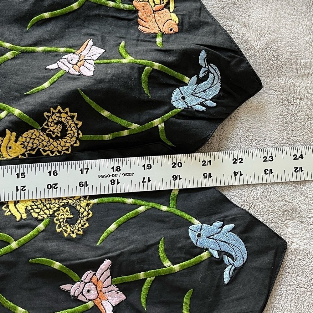 Colorful Embroidered Fish Black Satin Suit Vest Button Front Seahorse Novelty L - Picture 11 of 11